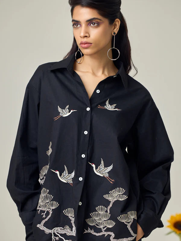 Black Popline Flamingo Shirt