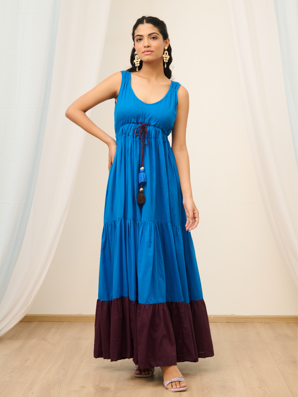 Blue Cotton Voile Sleeveless Flared Maxi Dress