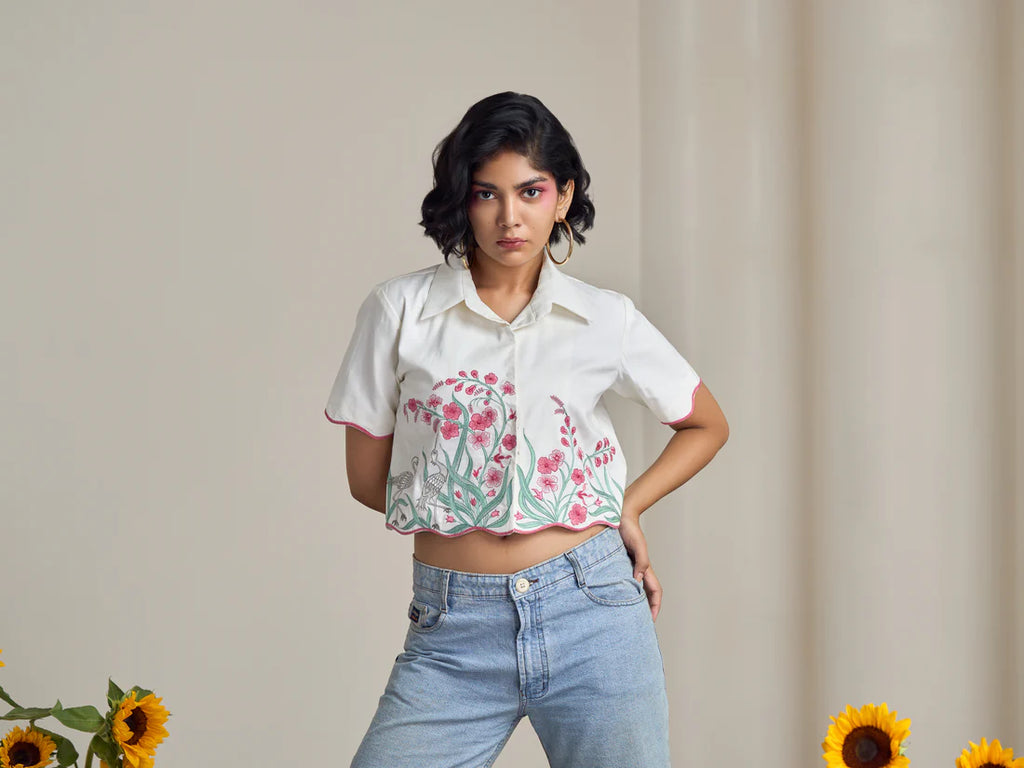 Ivory Flamingo Crop Shirt