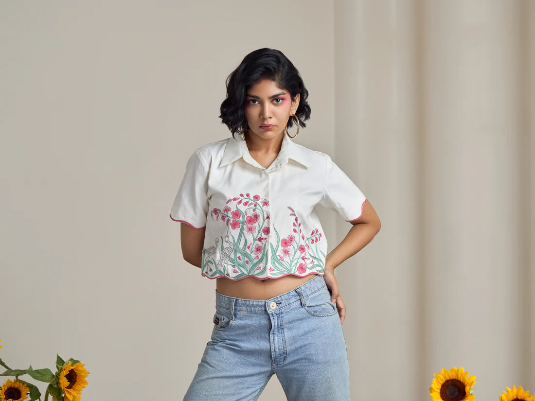 Ivory Flamingo Crop Shirt
