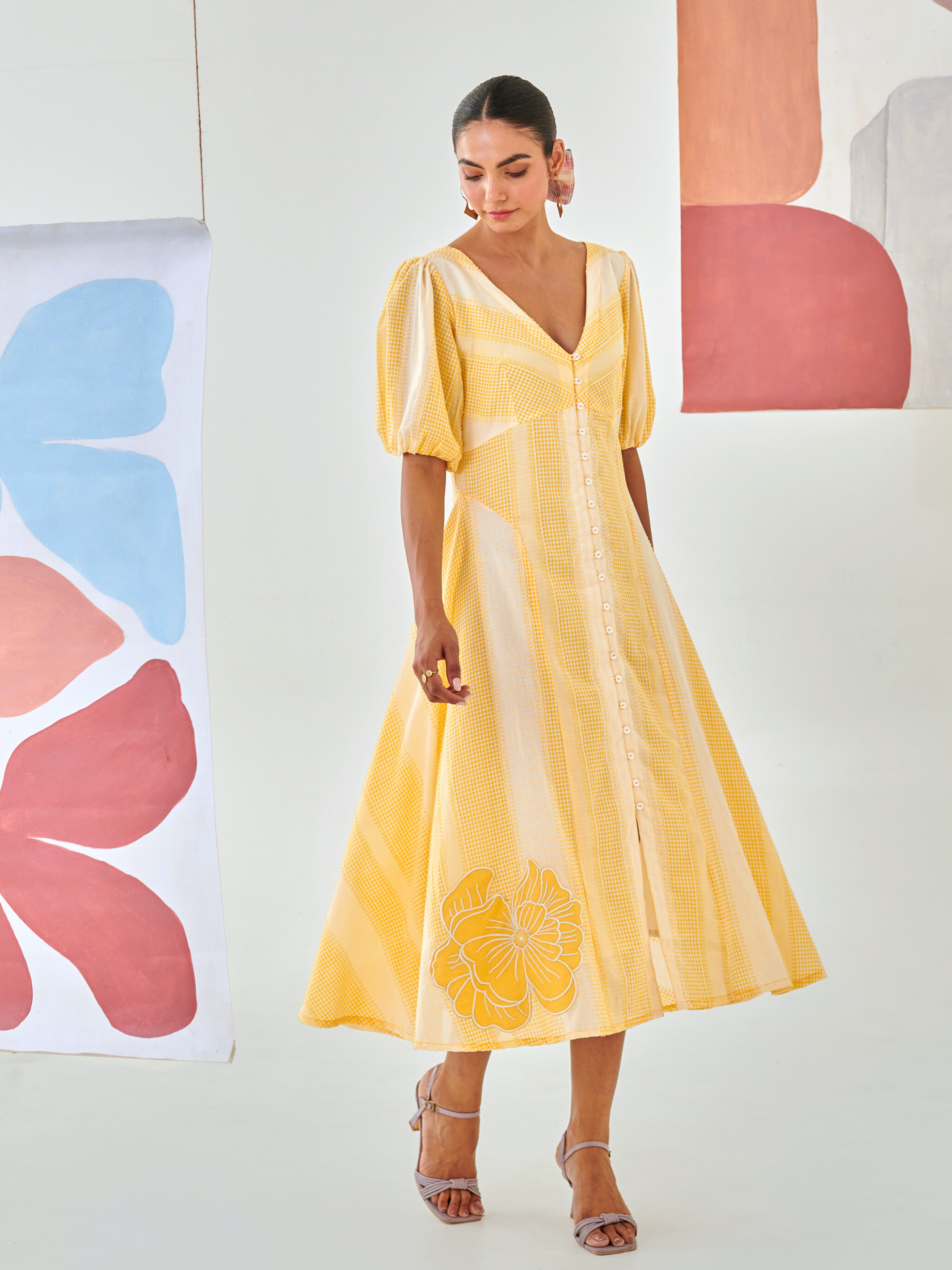 Yellow check A line dress with floral patch detail