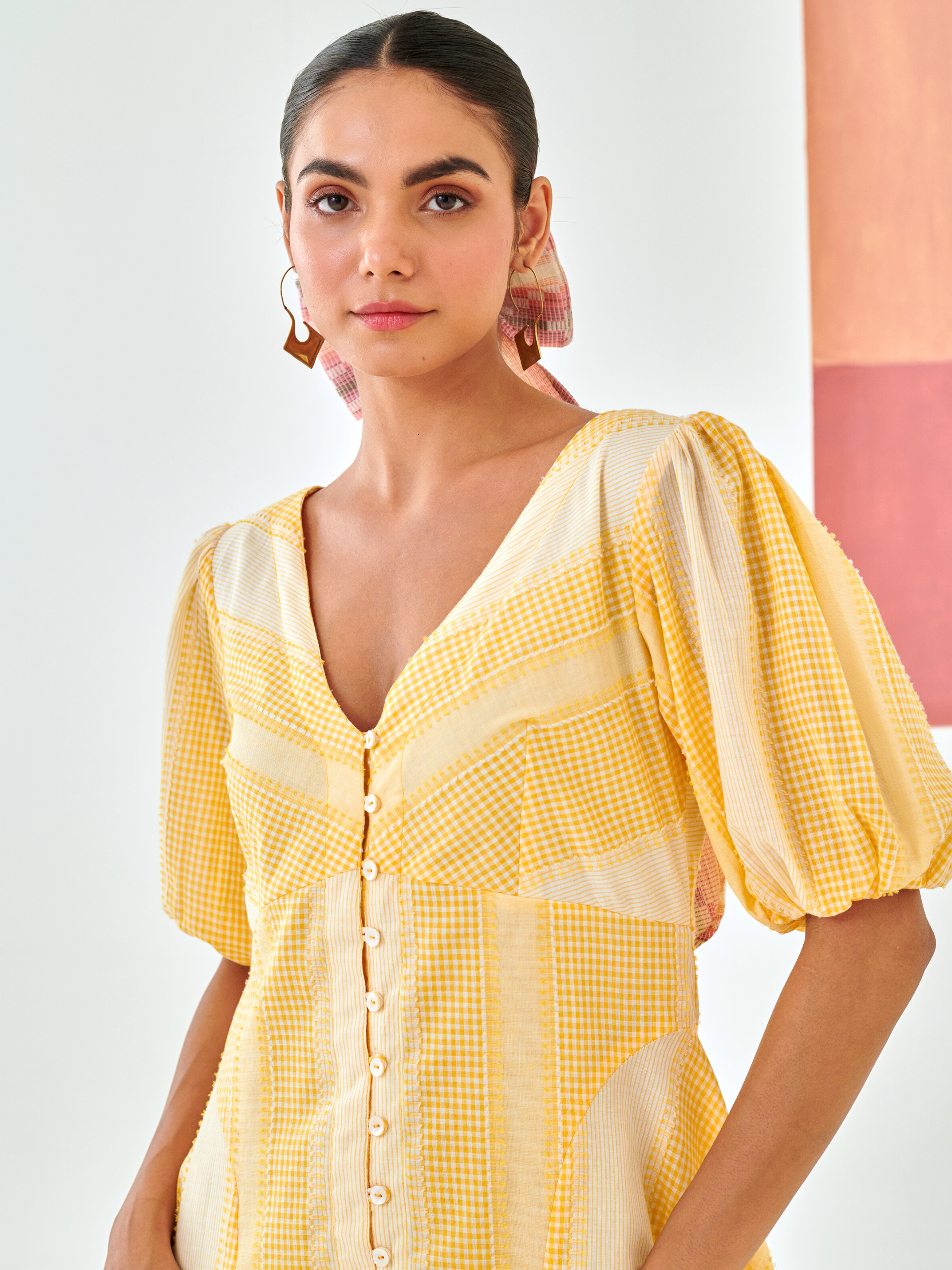 Yellow check A line dress with floral patch detail