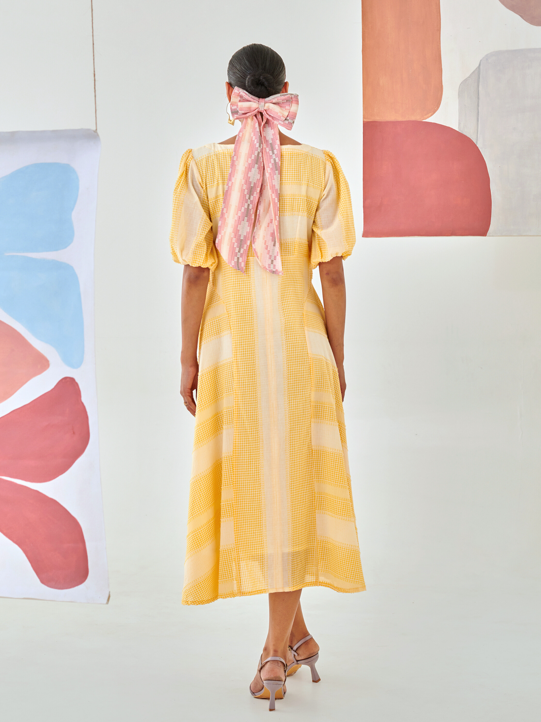 Yellow check A line dress with floral patch detail