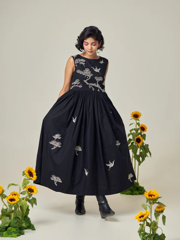 Black Popline Flamingo Dress