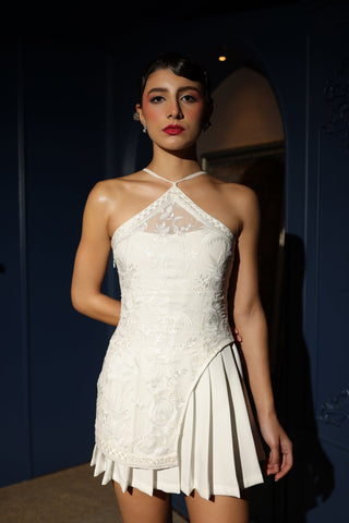 White Halter Pleated Dress