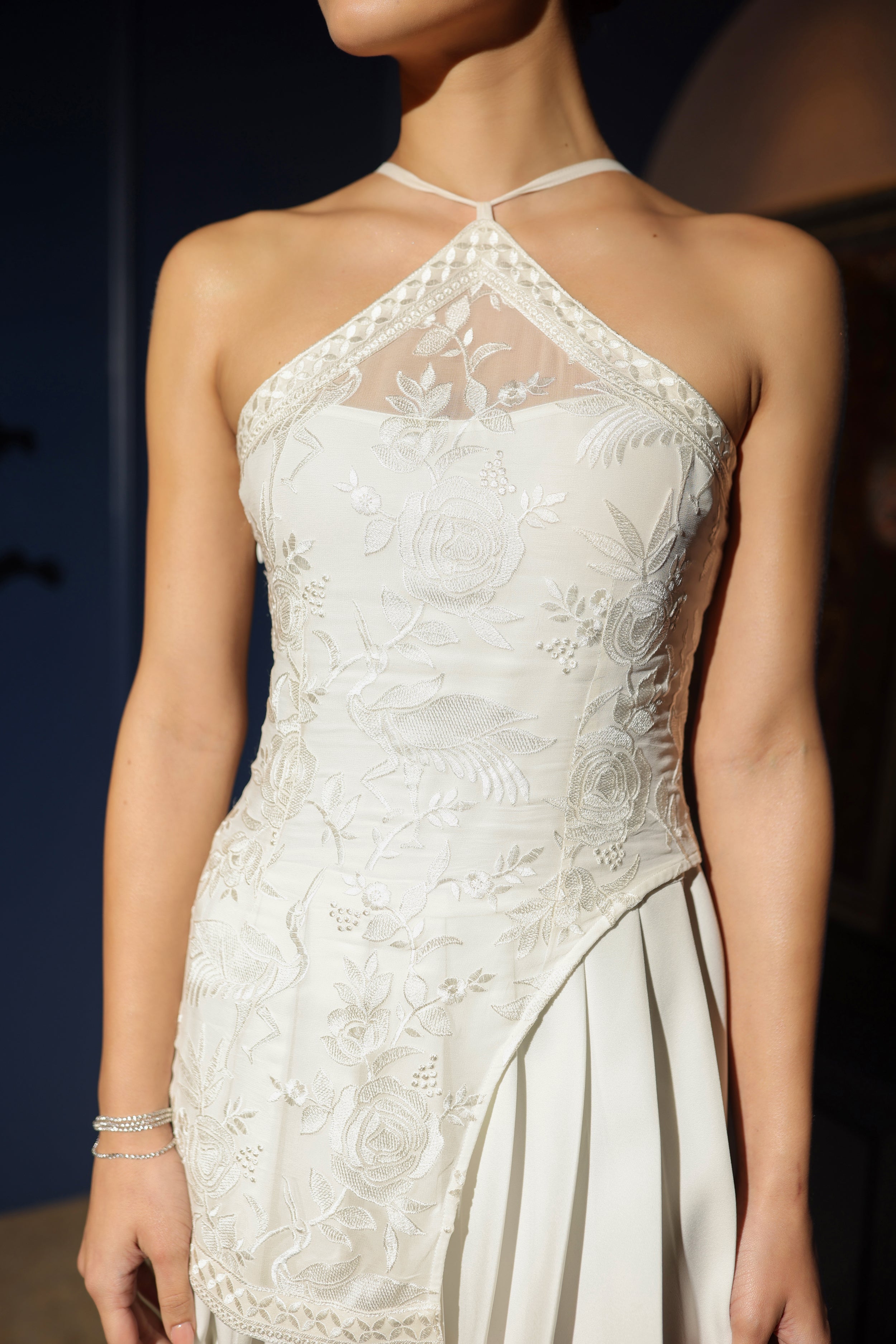 White Halter Pleated Dress