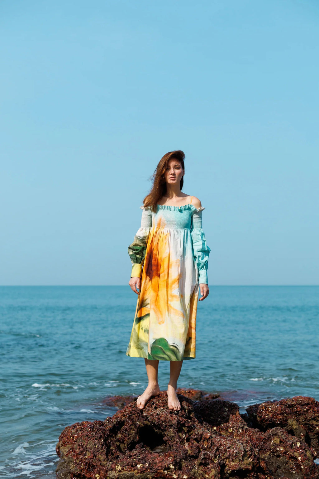 Sunflower Shirring Off Shoulder Dress