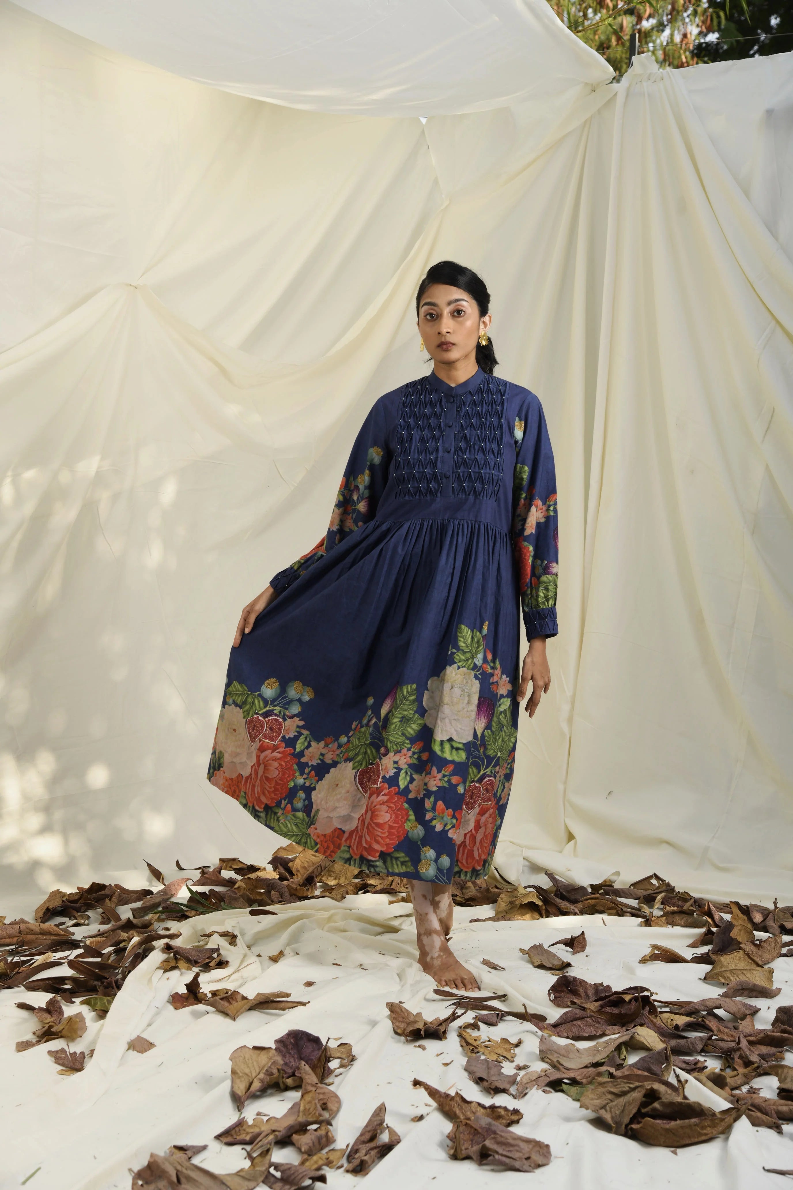 Blue & Green Poppy Bloom All Over Print Dress