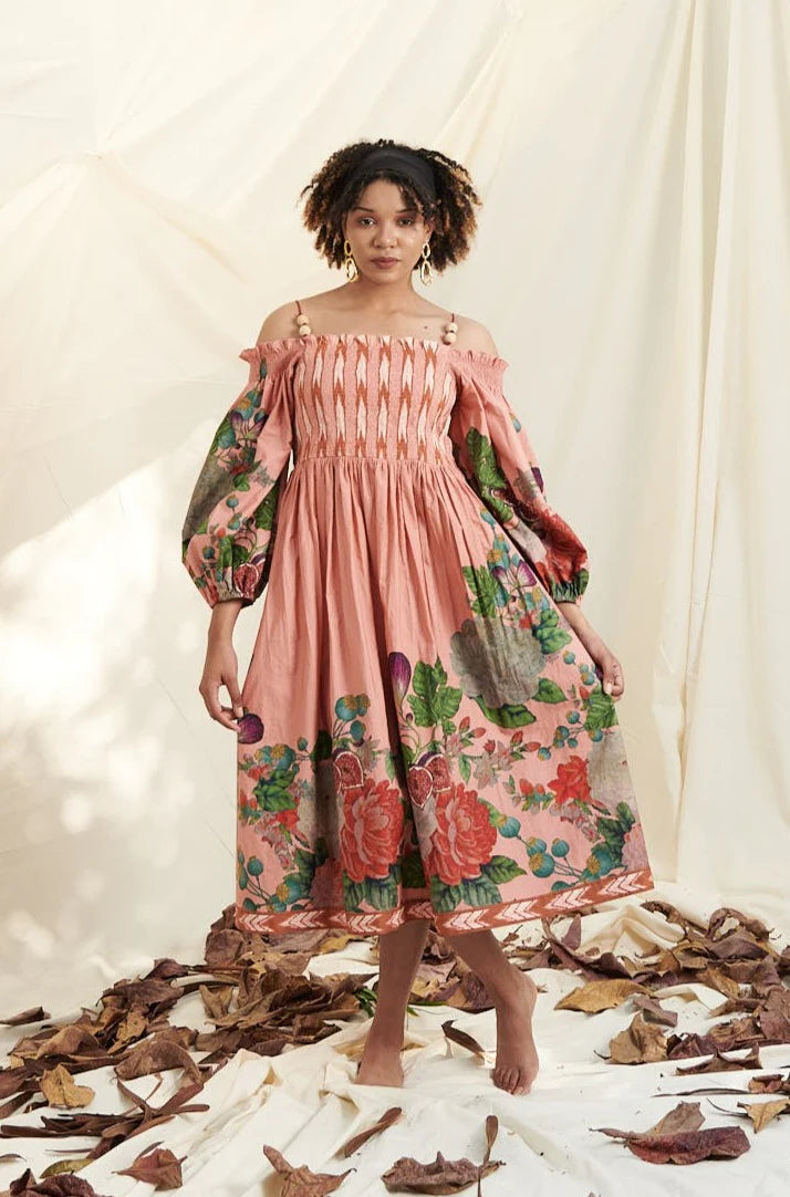 Peach Poppy Bloom Shirring Dress