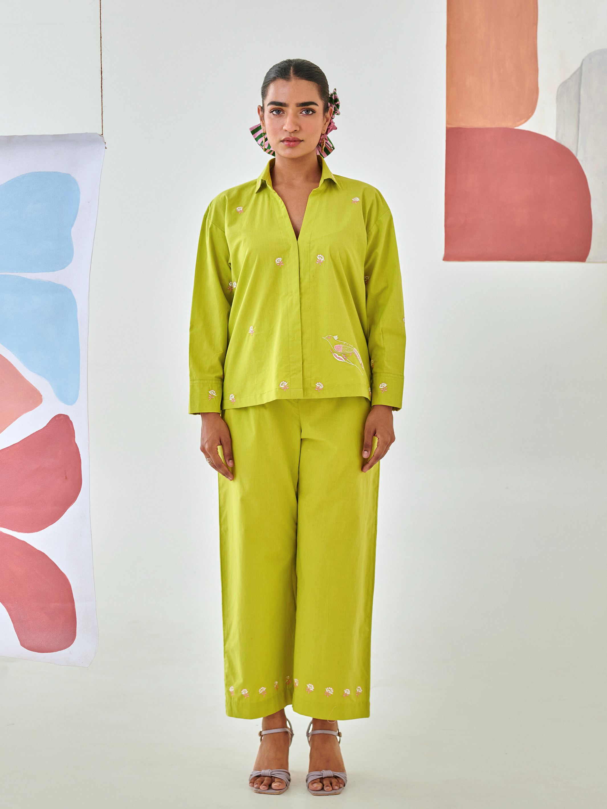 Lemon Co-ord set with floral embroidery detail