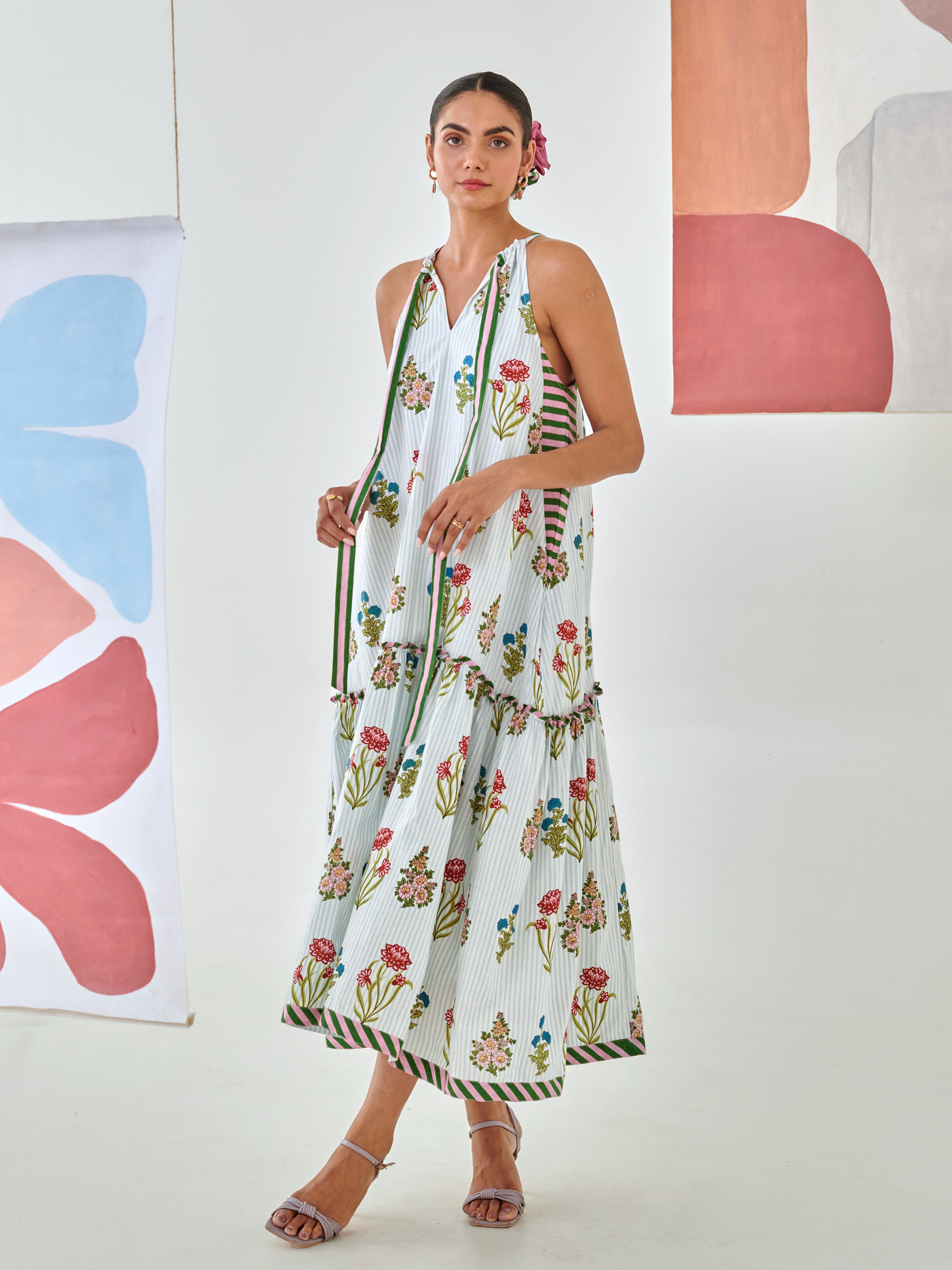 Aqua floral printed tie up maxi