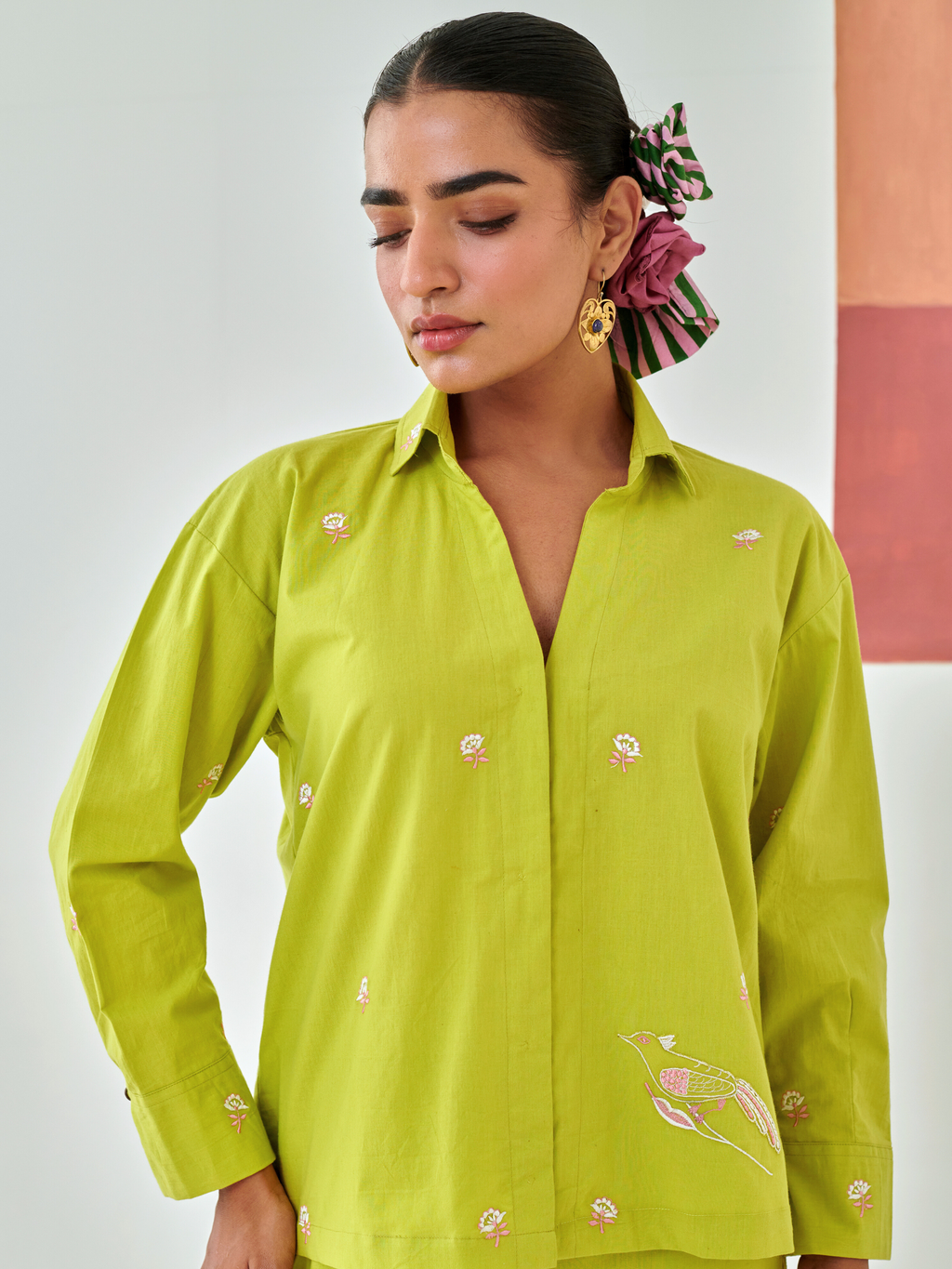 Lemon Co-ord set with floral embroidery detail