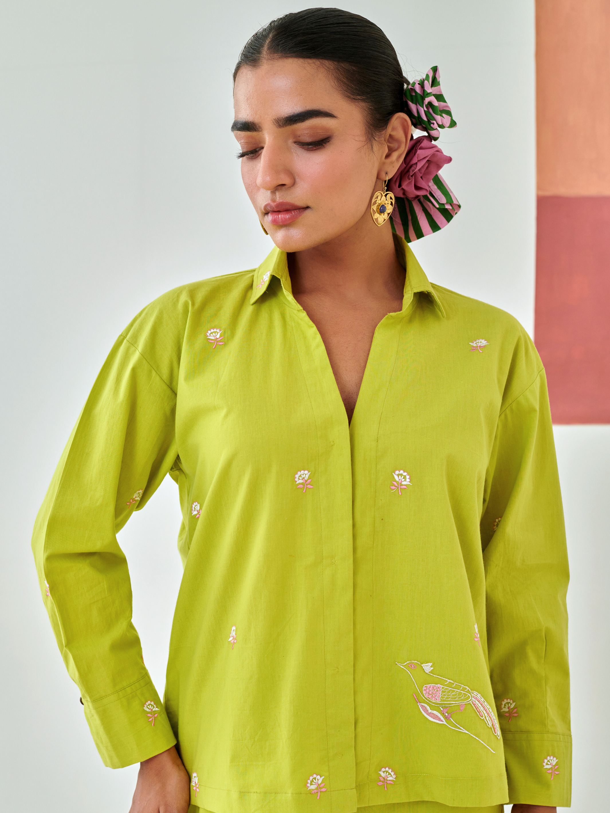 Lemon Co-ord set with floral embroidery detail