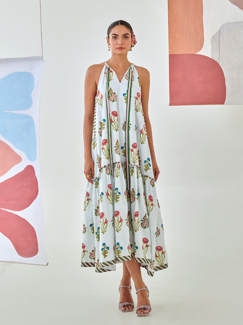 Aqua floral printed tie up maxi
