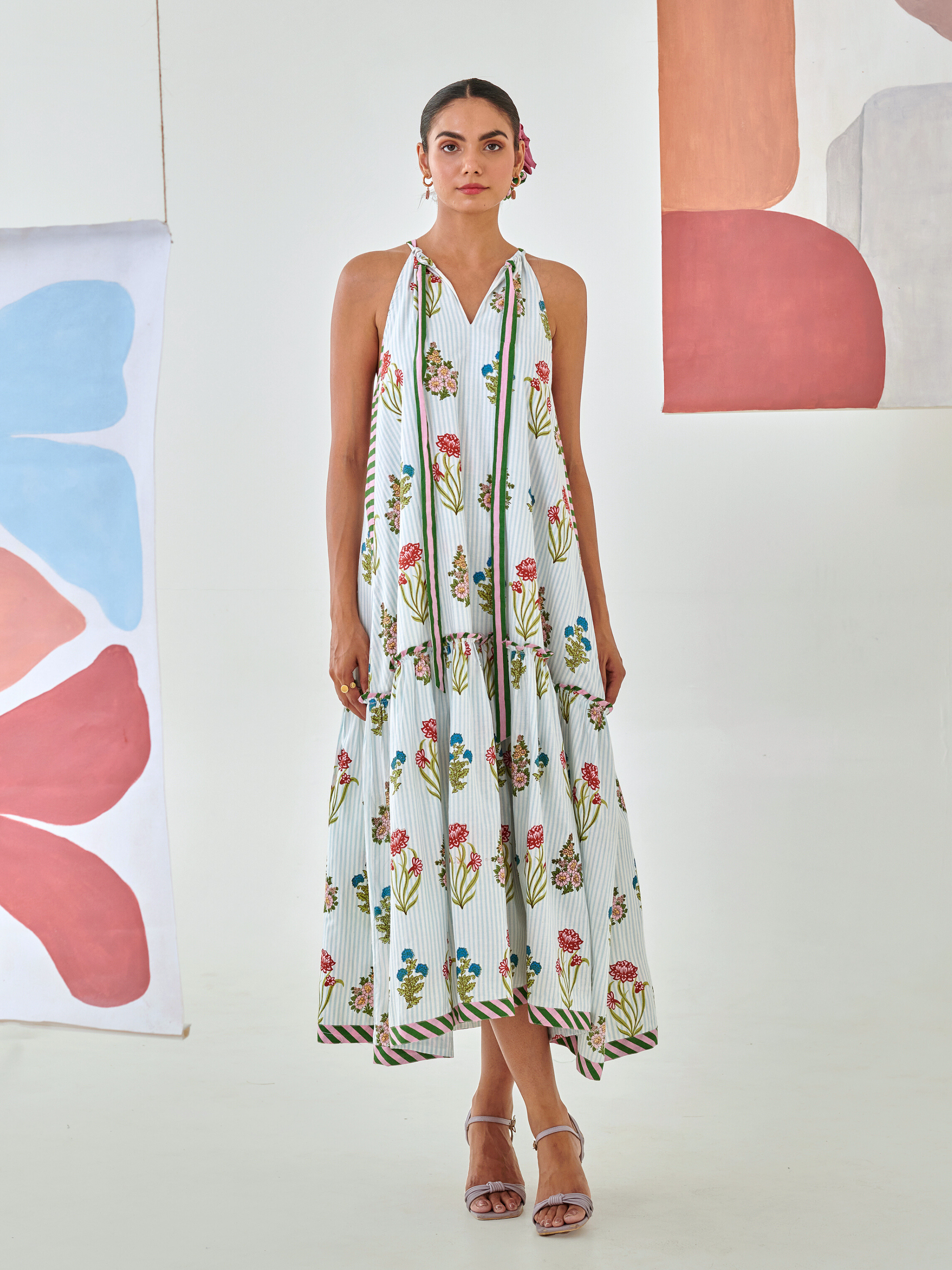 Aqua floral printed tie up maxi