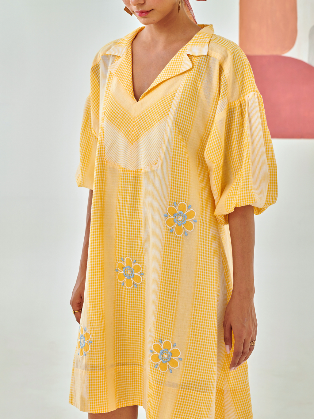 Yellow check short dress with floral embroidery detail