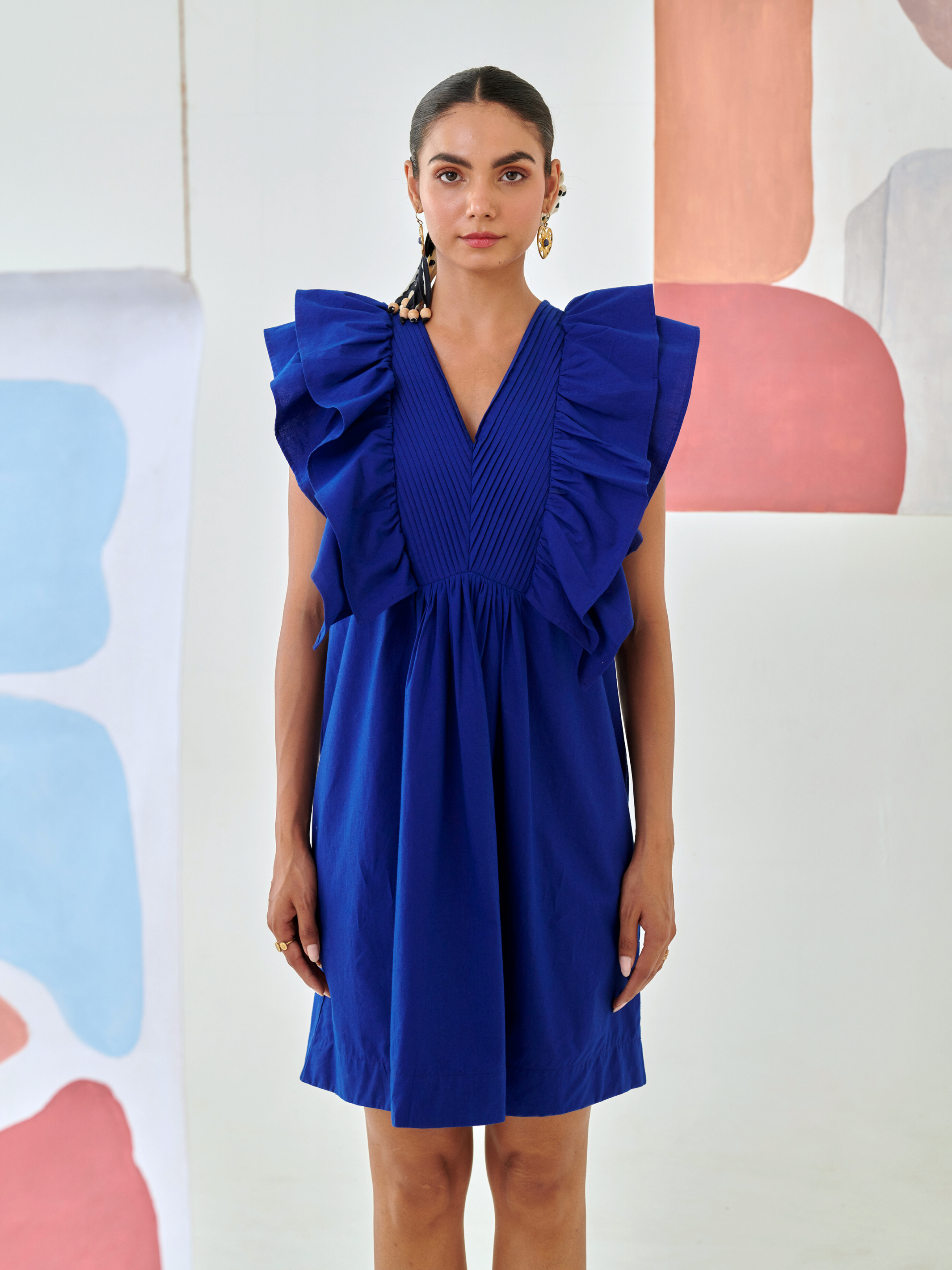Blue short ruffled dress with pintuck detail
