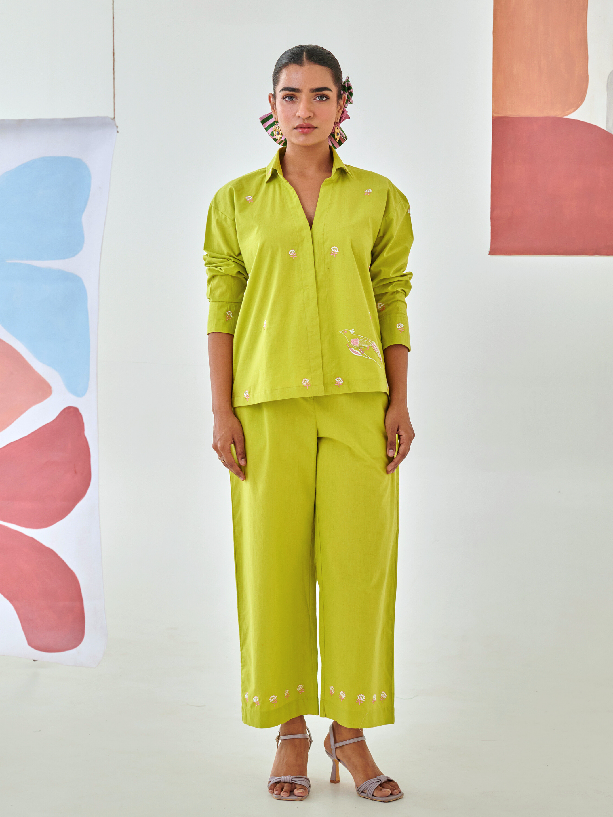Lemon Co-ord set with floral embroidery detail