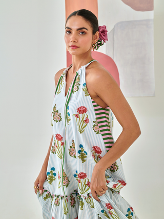 Aqua floral printed tie up maxi