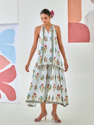 Aqua floral printed tie up maxi