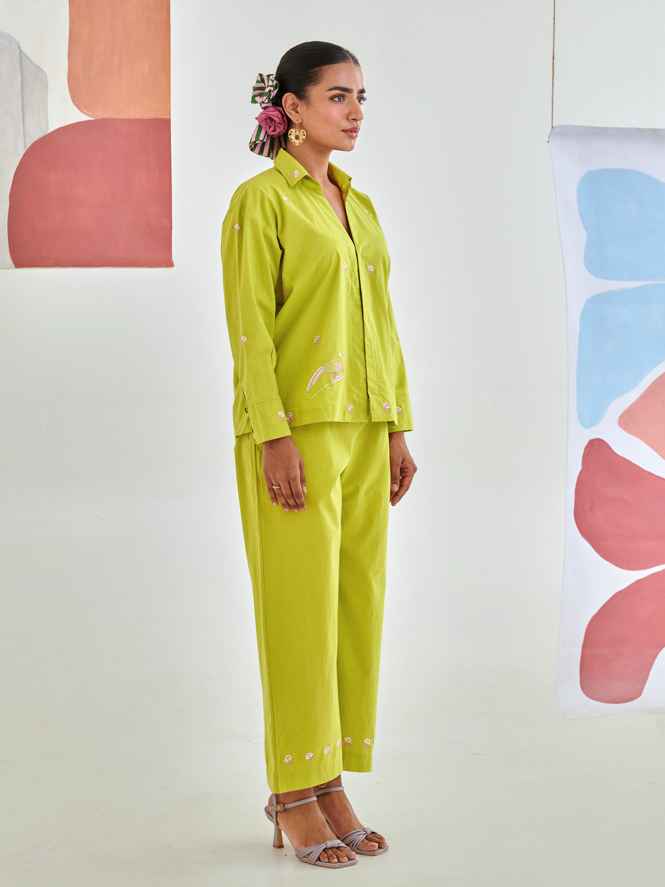 Lemon Co-ord set with floral embroidery detail