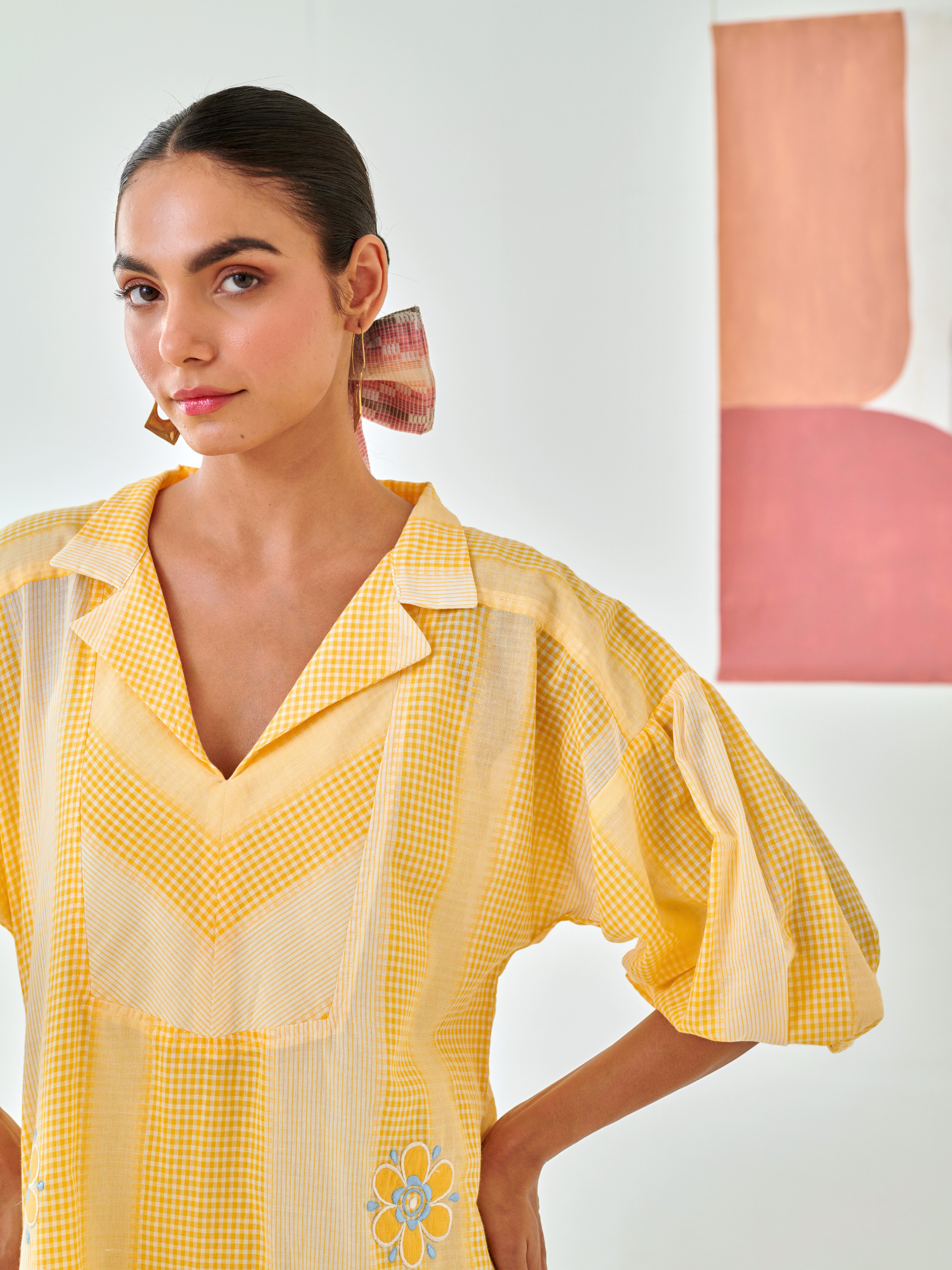 Yellow check short dress with floral embroidery detail