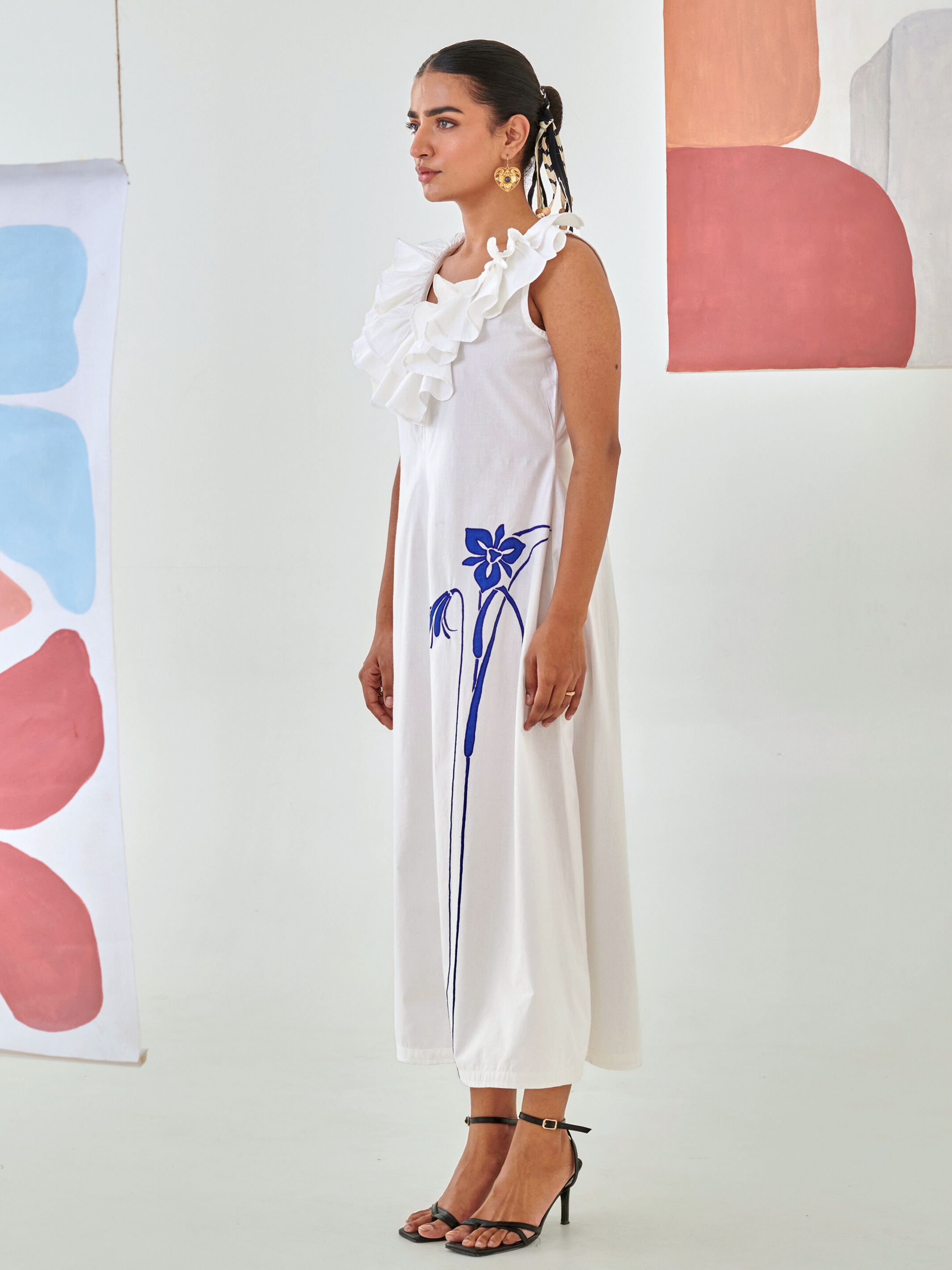 White A line dress with ruffled neckline & embroidery detail