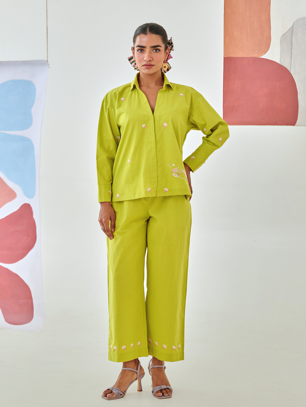 Lemon Co-ord set with floral embroidery detail