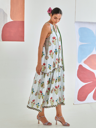 Aqua floral printed tie up maxi