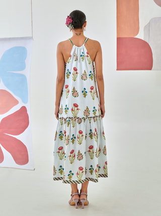 Aqua floral printed tie up maxi