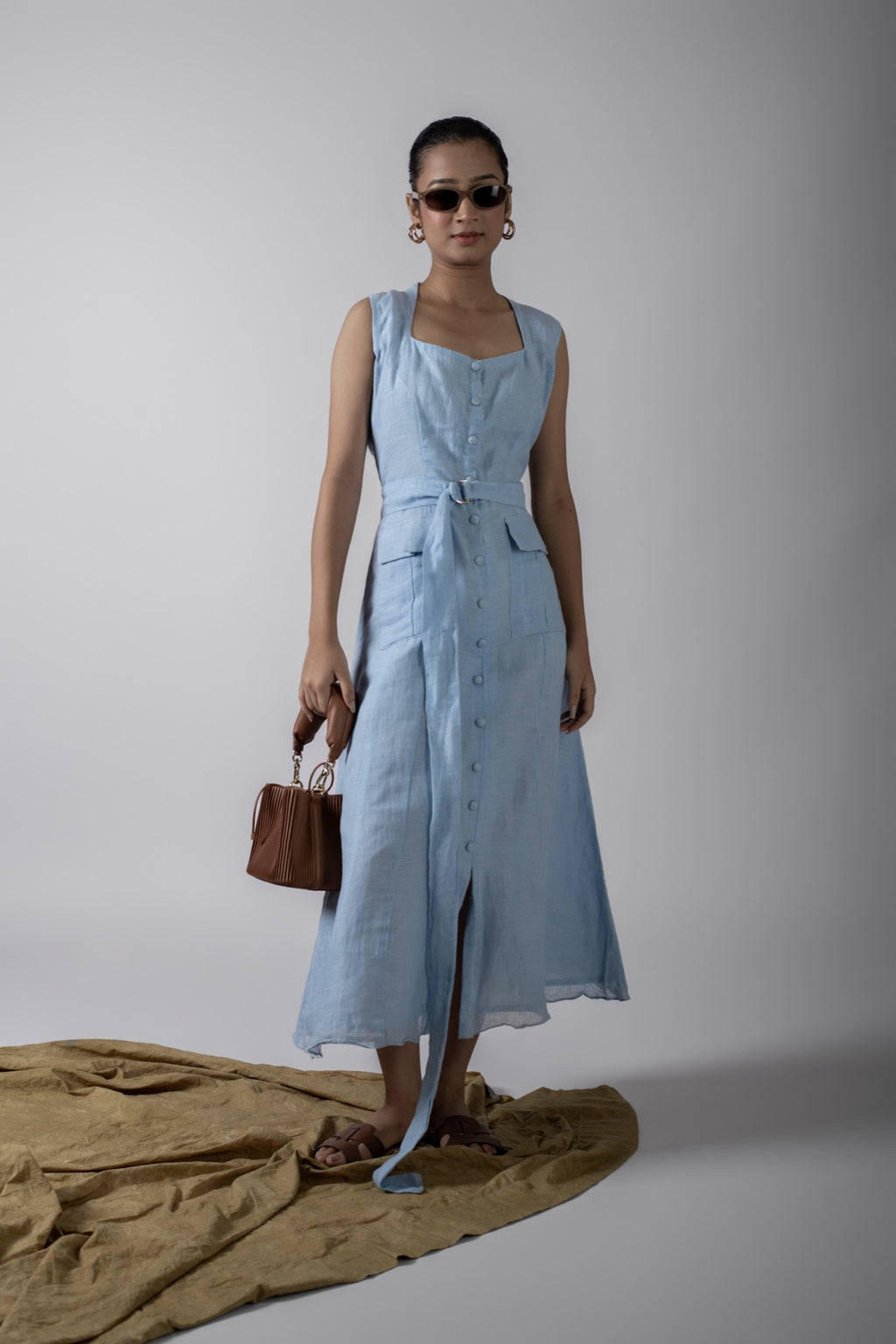 Nora Blue Placket Maxi Dress With Belt