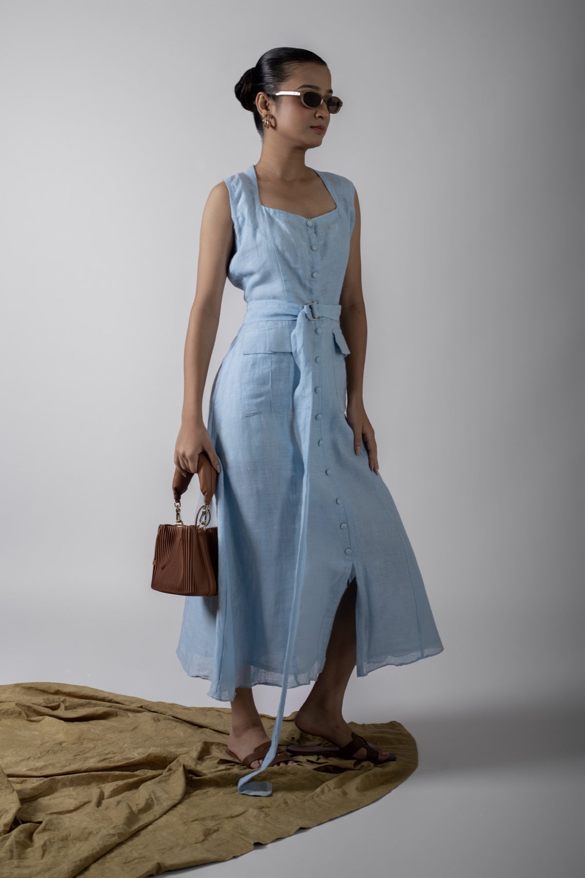 Nora Blue Placket Maxi Dress With Belt