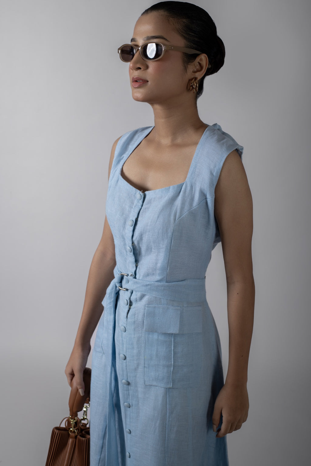 Nora Blue Placket Maxi Dress With Belt