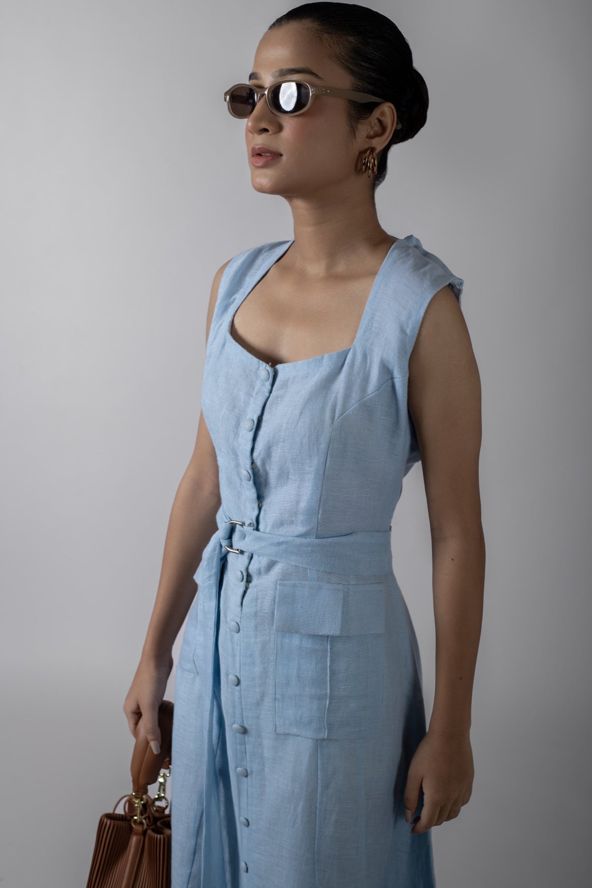 Nora Blue Placket Maxi Dress With Belt