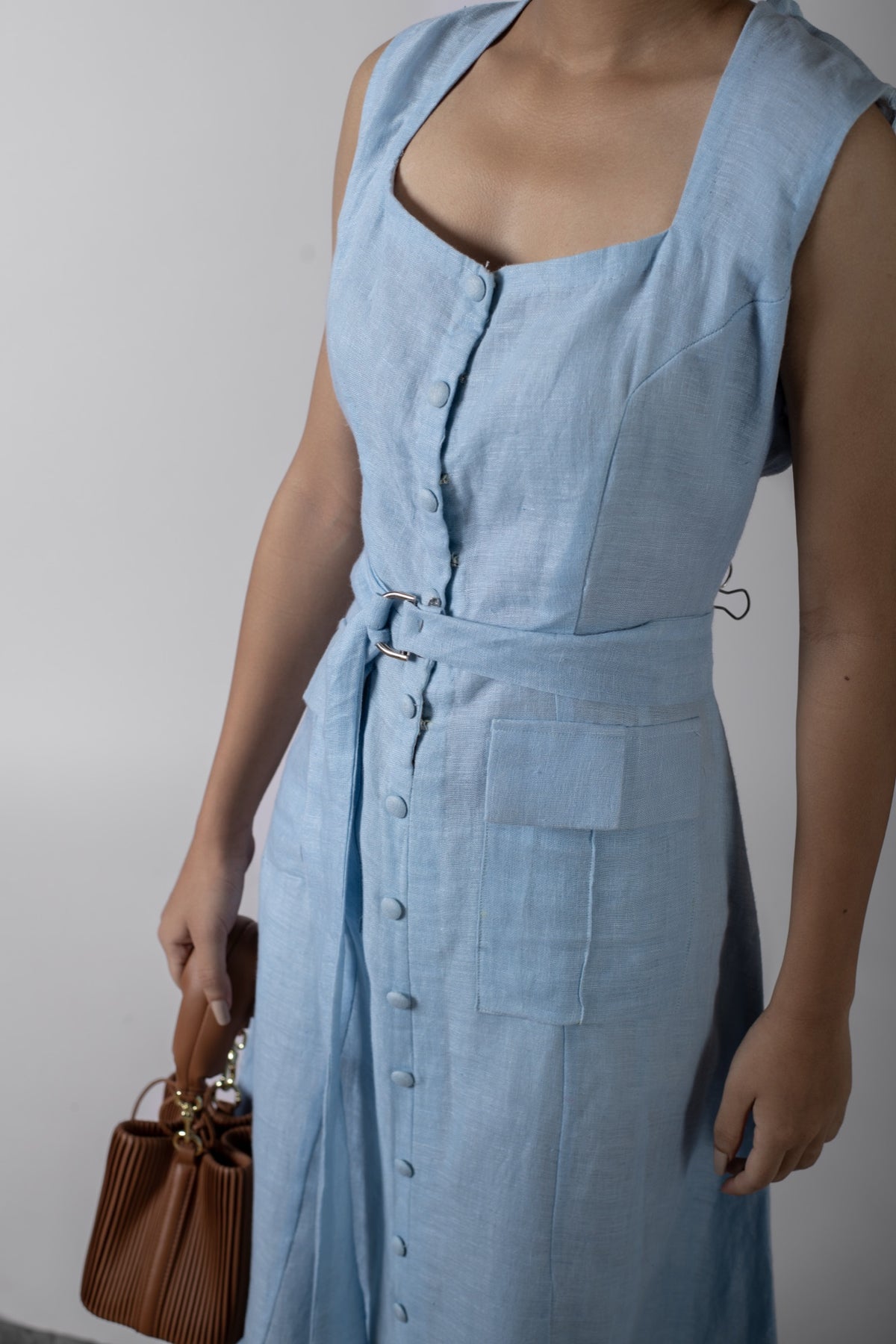Nora Blue Placket Maxi Dress With Belt