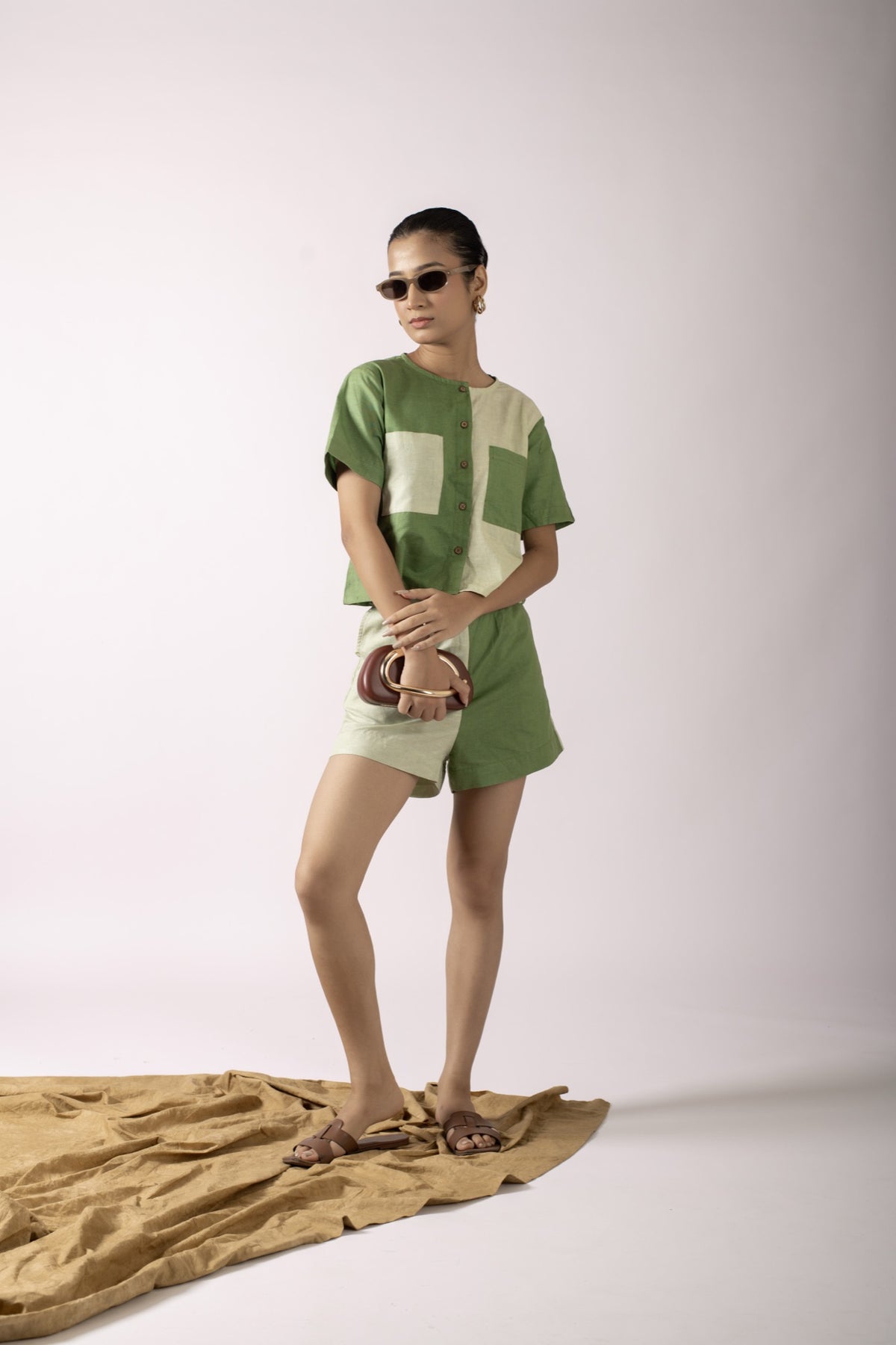 Saylor Green Colourblock Shirt And Shorts